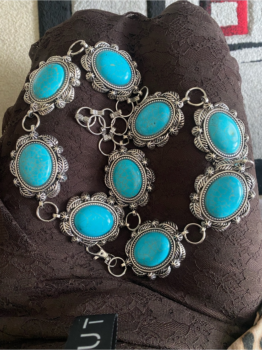 Turquoise Statement belt- Silver-Tone  turquoise and pearls